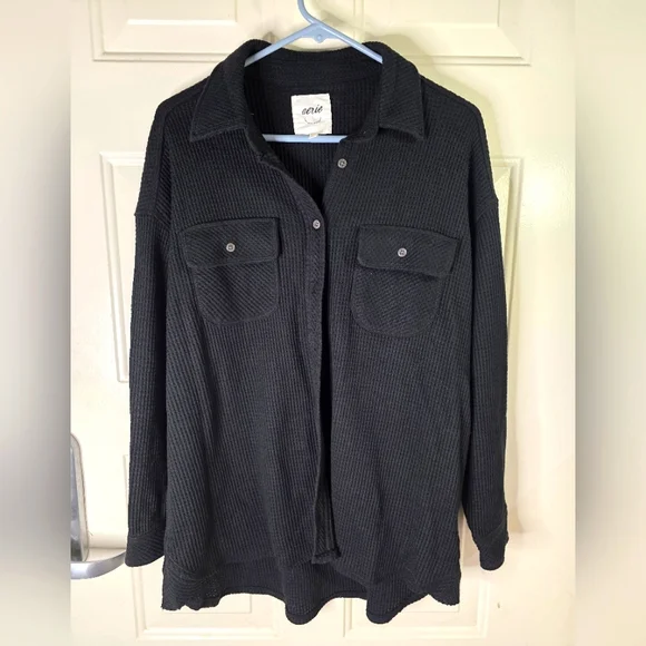 Aerie Black Lumberjane Oversized Button Up Waffle Shirr Size Small - Picture 1 of 5